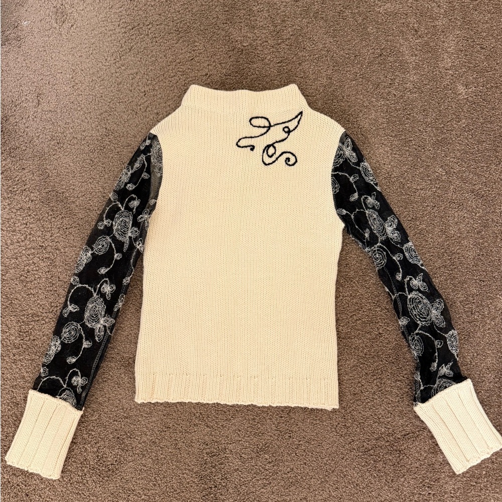 Elegant Cream and Black Sweater with Sheer Floral Long Sleeves and Sweater Cuffs